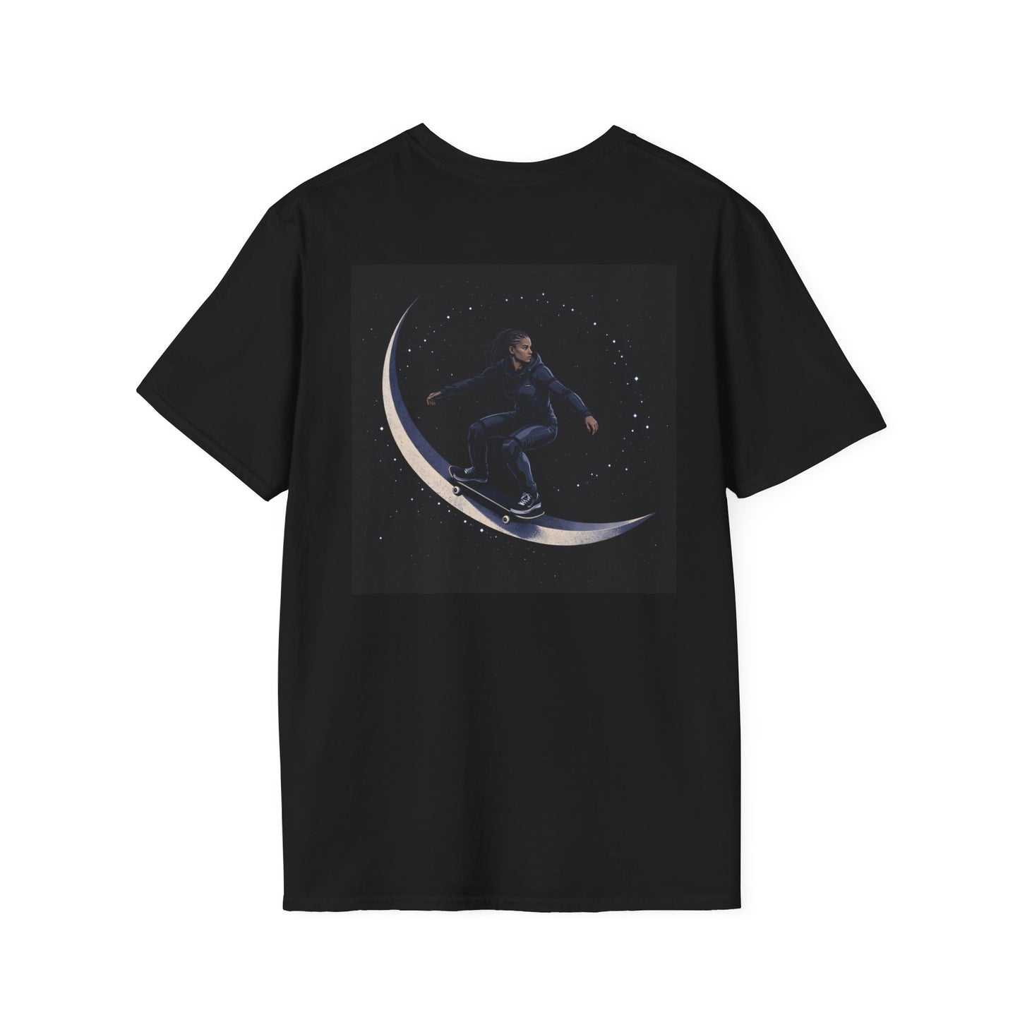 Lunar Kick Afro‑Futurism Skate T-shirt — Black Female Skater on Crescent Moon