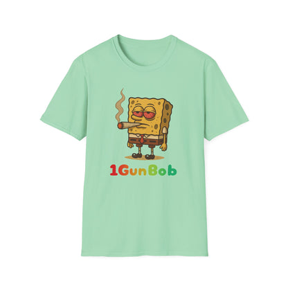 1GunBob – The Blazed Sponge 🧽🔥🪵, Chill SpongeBob Tee, Fun Graphic Tee, Casual Wear, Gift for Fans, Humor Apparel, Unique Summer Shirt
