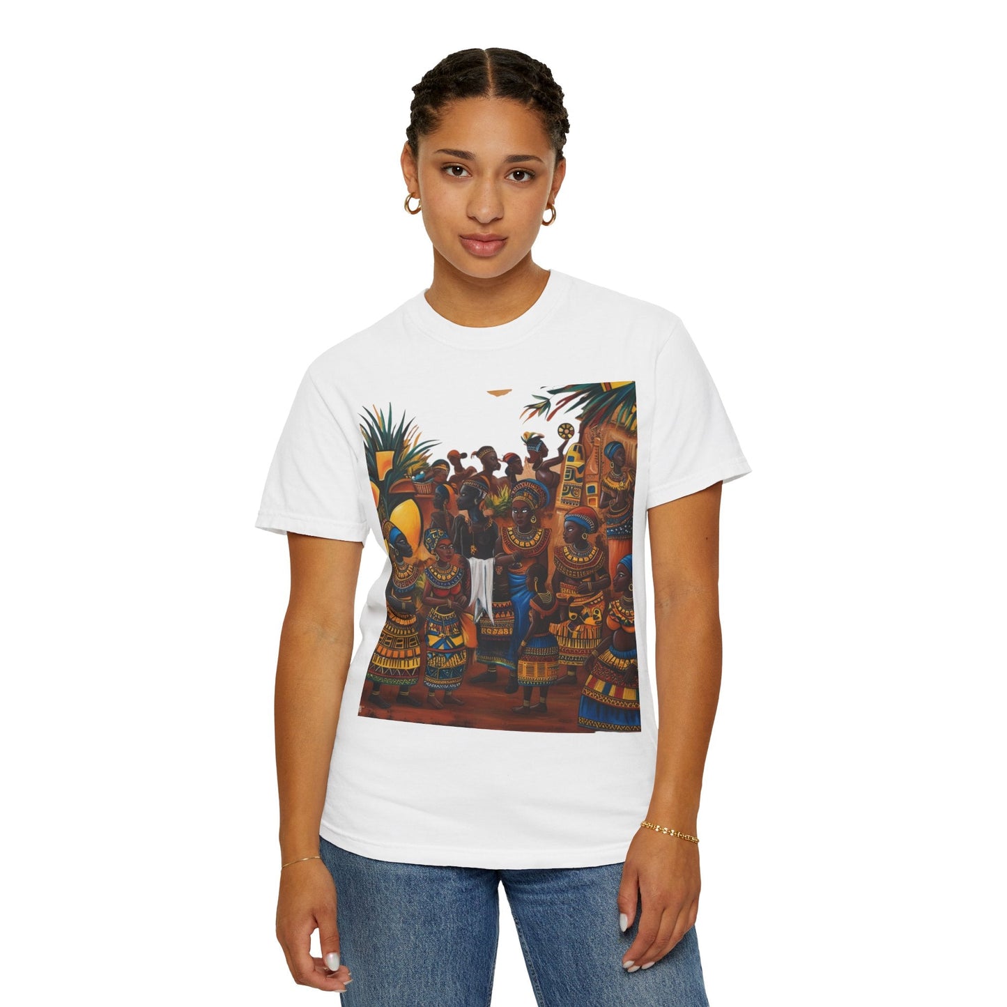 "Ancestral Gathering" African Art Print Tee  –  Cultural Storytelling in Wearable Art