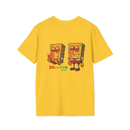1GunBob – The Blazed Sponge 🧽🔥🪵, Chill SpongeBob Tee, Fun Graphic Tee, Casual Wear, Gift for Fans, Humor Apparel, Unique Summer Shirt