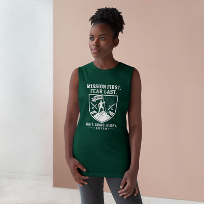 Unisex Barnard Tank: Mission First, Plan Last, Inspirational Workout Top, Casual Summer Shirt, Fitness Gift, Gym Wear