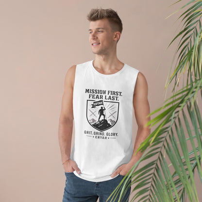 Unisex Barnard Tank: Mission First, Plan Last, Inspirational Workout Top, Casual Summer Shirt, Fitness Gift, Gym Wear