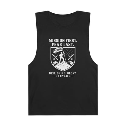 Unisex Barnard Tank: Mission First, Plan Last, Inspirational Workout Top, Casual Summer Shirt, Fitness Gift, Gym Wear
