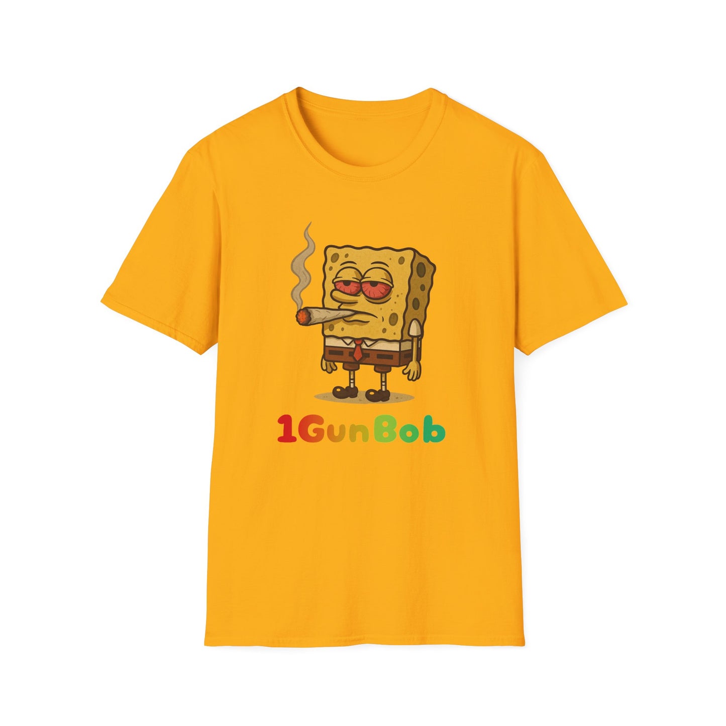 1GunBob – The Blazed Sponge 🧽🔥🪵, Chill SpongeBob Tee, Fun Graphic Tee, Casual Wear, Gift for Fans, Humor Apparel, Unique Summer Shirt