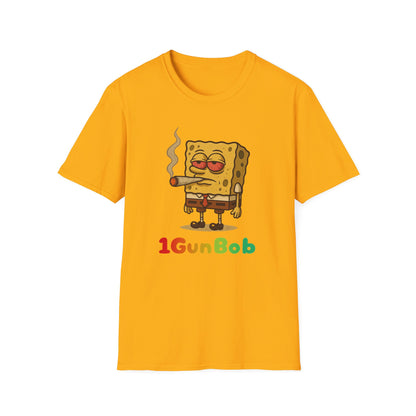 1GunBob – The Blazed Sponge 🧽🔥🪵, Chill SpongeBob Tee, Fun Graphic Tee, Casual Wear, Gift for Fans, Humor Apparel, Unique Summer Shirt