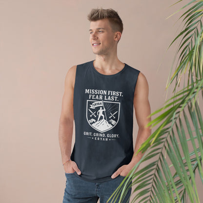 Unisex Barnard Tank: Mission First, Plan Last, Inspirational Workout Top, Casual Summer Shirt, Fitness Gift, Gym Wear