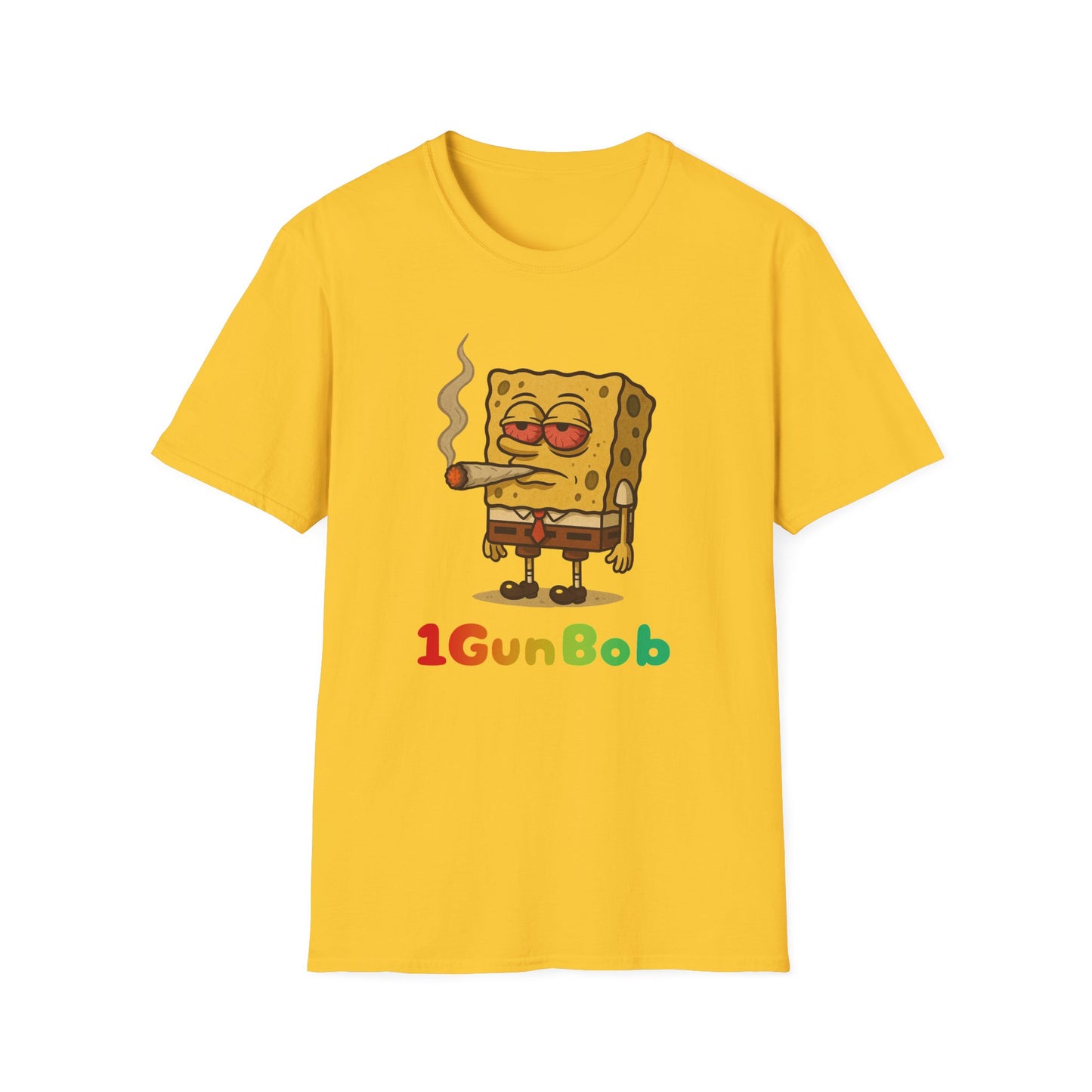 1GunBob – The Blazed Sponge 🧽🔥🪵, Chill SpongeBob Tee, Fun Graphic Tee, Casual Wear, Gift for Fans, Humor Apparel, Unique Summer Shirt