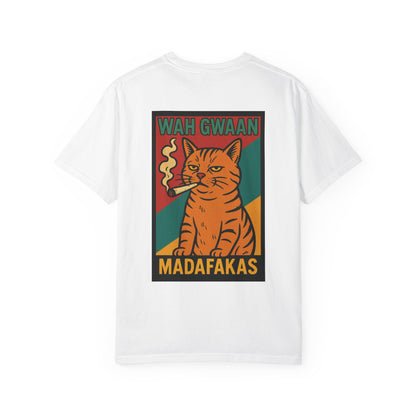 "Wah Gwaan Madafakas" – Rasta Pop Art Stoner Cat, Cool Cat Graphic Tee, Unisex T-Shirt, Quirky Animal Shirt, Gift for Cat Lovers, Streetwear Fashion