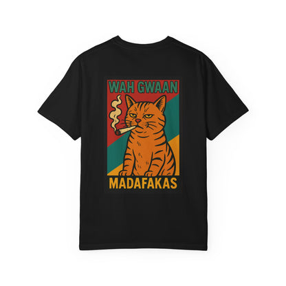 "Wah Gwaan Madafakas" – Rasta Pop Art Stoner Cat, Cool Cat Graphic Tee, Unisex T-Shirt, Quirky Animal Shirt, Gift for Cat Lovers, Streetwear Fashion