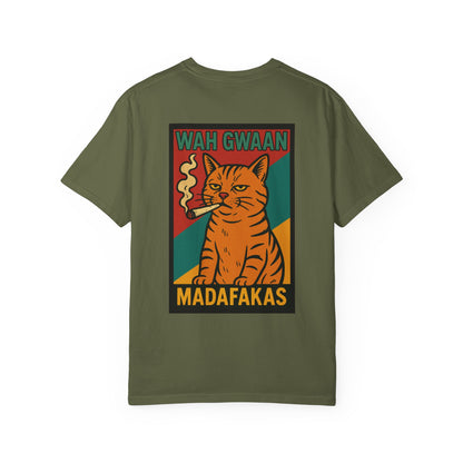 "Wah Gwaan Madafakas" – Rasta Pop Art Stoner Cat, Cool Cat Graphic Tee, Unisex T-Shirt, Quirky Animal Shirt, Gift for Cat Lovers, Streetwear Fashion