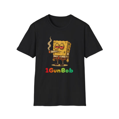 1GunBob – The Blazed Sponge 🧽🔥🪵, Chill SpongeBob Tee, Fun Graphic Tee, Casual Wear, Gift for Fans, Humor Apparel, Unique Summer Shirt