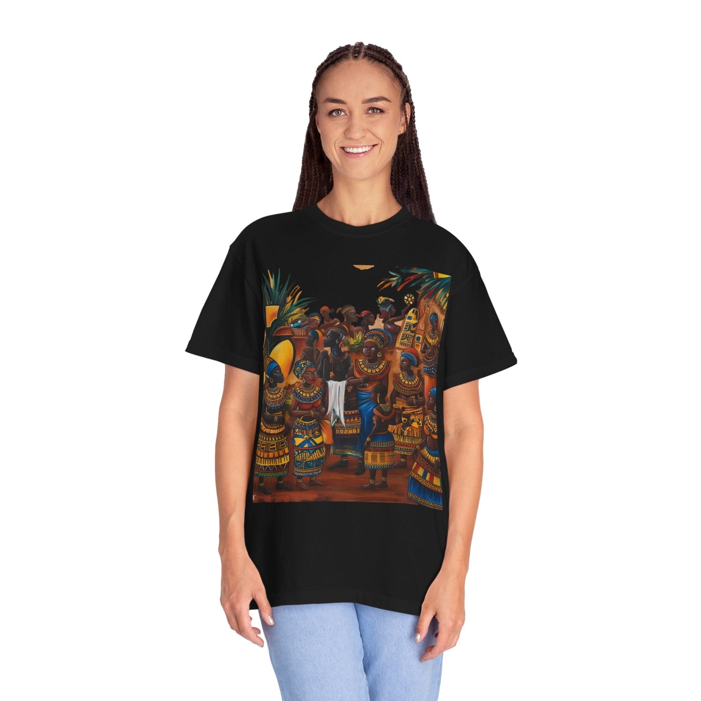 "Ancestral Gathering" African Art Print Tee  –  Cultural Storytelling in Wearable Art