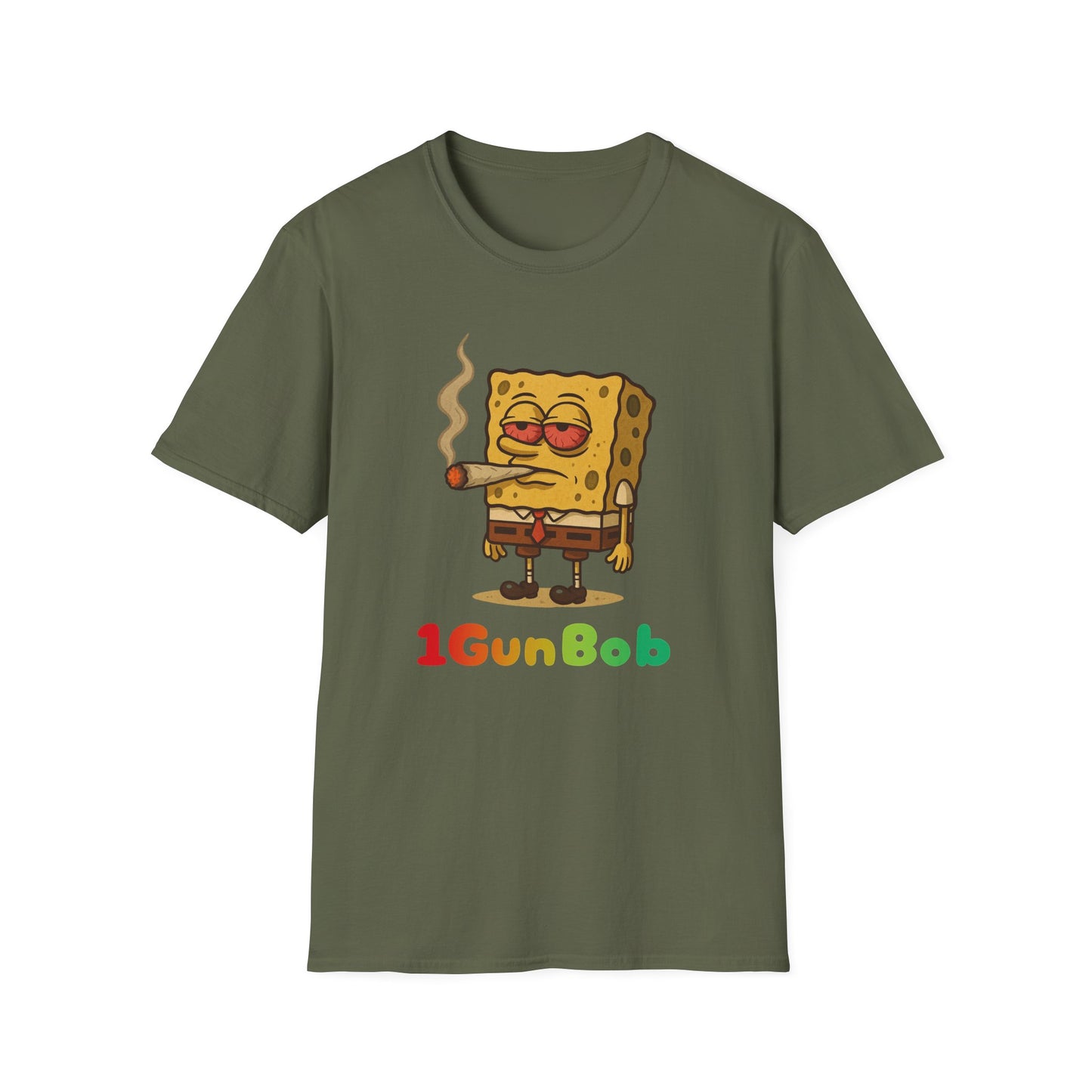 1GunBob – The Blazed Sponge 🧽🔥🪵, Chill SpongeBob Tee, Fun Graphic Tee, Casual Wear, Gift for Fans, Humor Apparel, Unique Summer Shirt