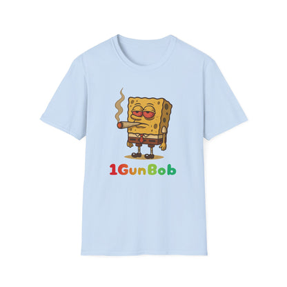 1GunBob – The Blazed Sponge 🧽🔥🪵, Chill SpongeBob Tee, Fun Graphic Tee, Casual Wear, Gift for Fans, Humor Apparel, Unique Summer Shirt