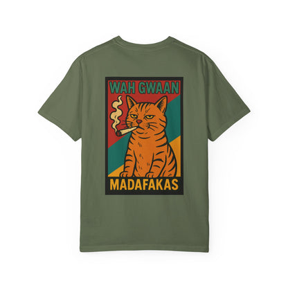"Wah Gwaan Madafakas" – Rasta Pop Art Stoner Cat, Cool Cat Graphic Tee, Unisex T-Shirt, Quirky Animal Shirt, Gift for Cat Lovers, Streetwear Fashion