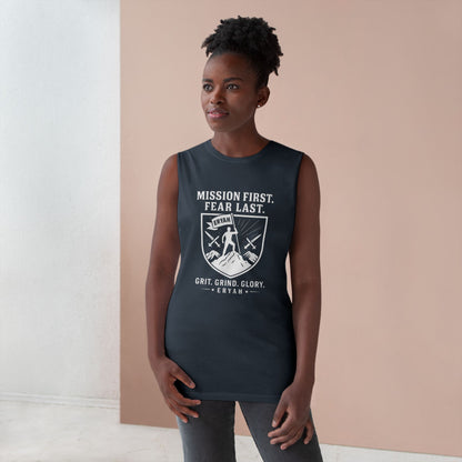 Unisex Barnard Tank: Mission First, Plan Last, Inspirational Workout Top, Casual Summer Shirt, Fitness Gift, Gym Wear
