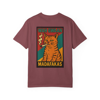 "Wah Gwaan Madafakas" – Rasta Pop Art Stoner Cat, Cool Cat Graphic Tee, Unisex T-Shirt, Quirky Animal Shirt, Gift for Cat Lovers, Streetwear Fashion