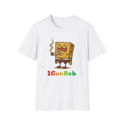 1GunBob – The Blazed Sponge 🧽🔥🪵, Chill SpongeBob Tee, Fun Graphic Tee, Casual Wear, Gift for Fans, Humor Apparel, Unique Summer Shirt