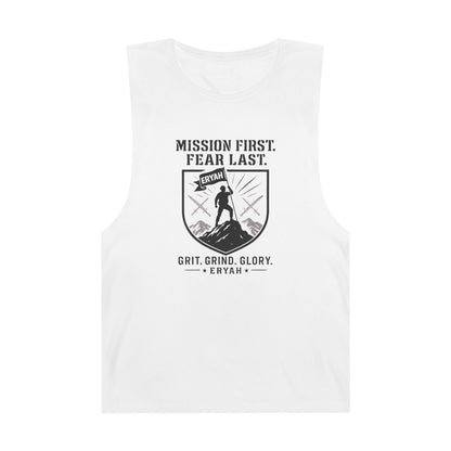 Unisex Barnard Tank: Mission First, Plan Last, Inspirational Workout Top, Casual Summer Shirt, Fitness Gift, Gym Wear