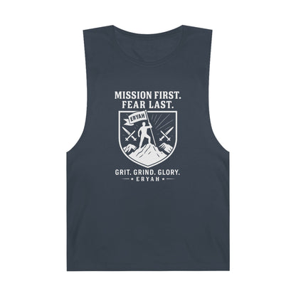Unisex Barnard Tank: Mission First, Plan Last, Inspirational Workout Top, Casual Summer Shirt, Fitness Gift, Gym Wear