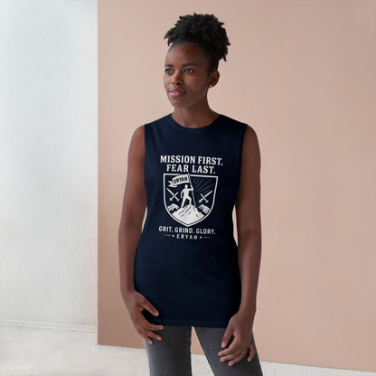 Unisex Barnard Tank: Mission First, Plan Last, Inspirational Workout Top, Casual Summer Shirt, Fitness Gift, Gym Wear